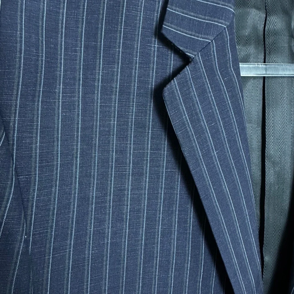 Joseph Abboud Mens 44L Navy Pinstripe Wool Linen Mohair Blazer Sport Coat USA